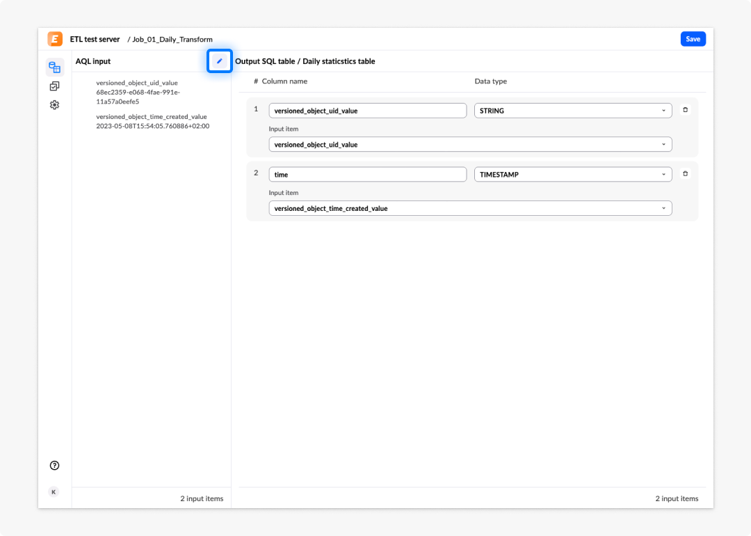 image ETL tool - 13: highlight removed data set with Add action in AQL input left panel