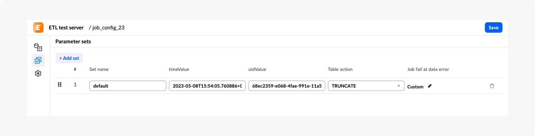 image ETL tool - 15: Parameter sets page — highlight Add set