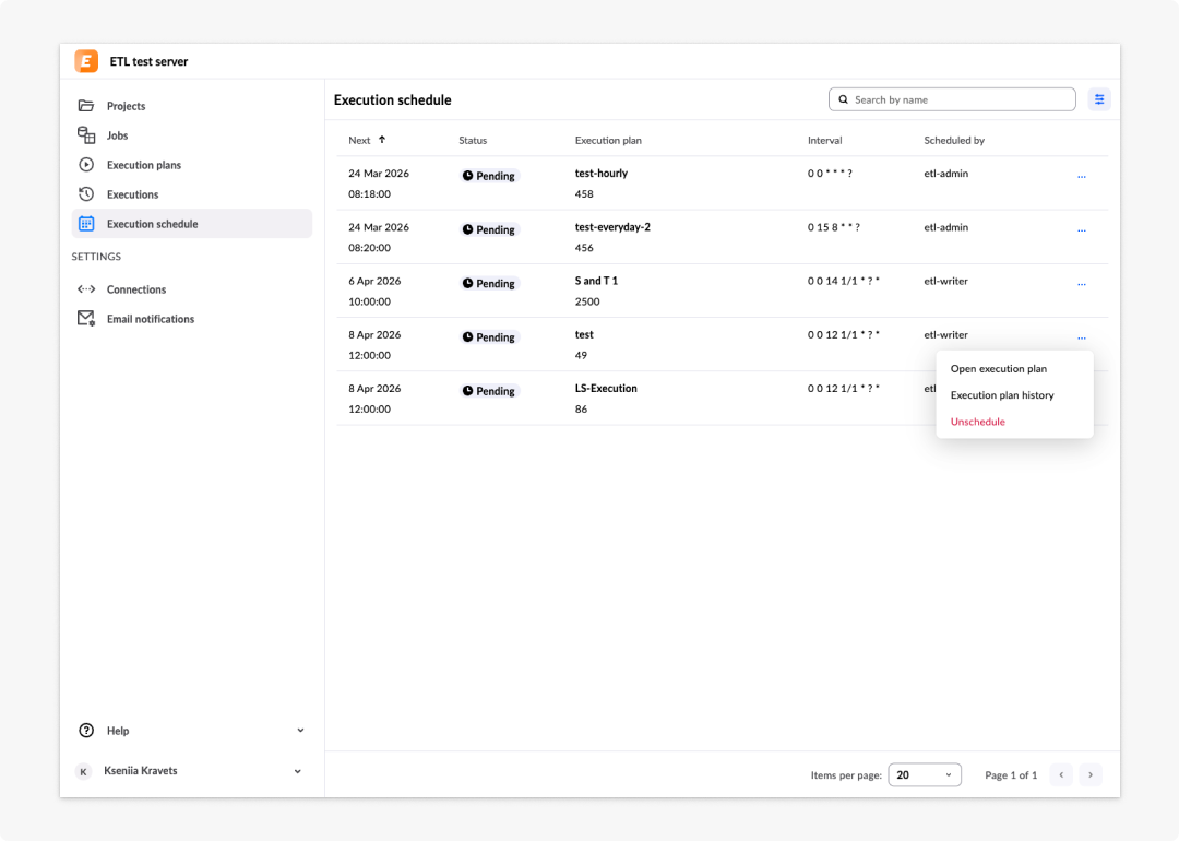 image ETL tool - 31: Execution pending — highlighted with actions menu