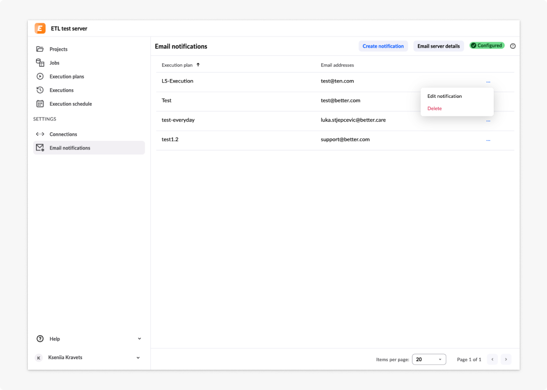 image ETL tool - 34: Email notification highlighted with actions menu