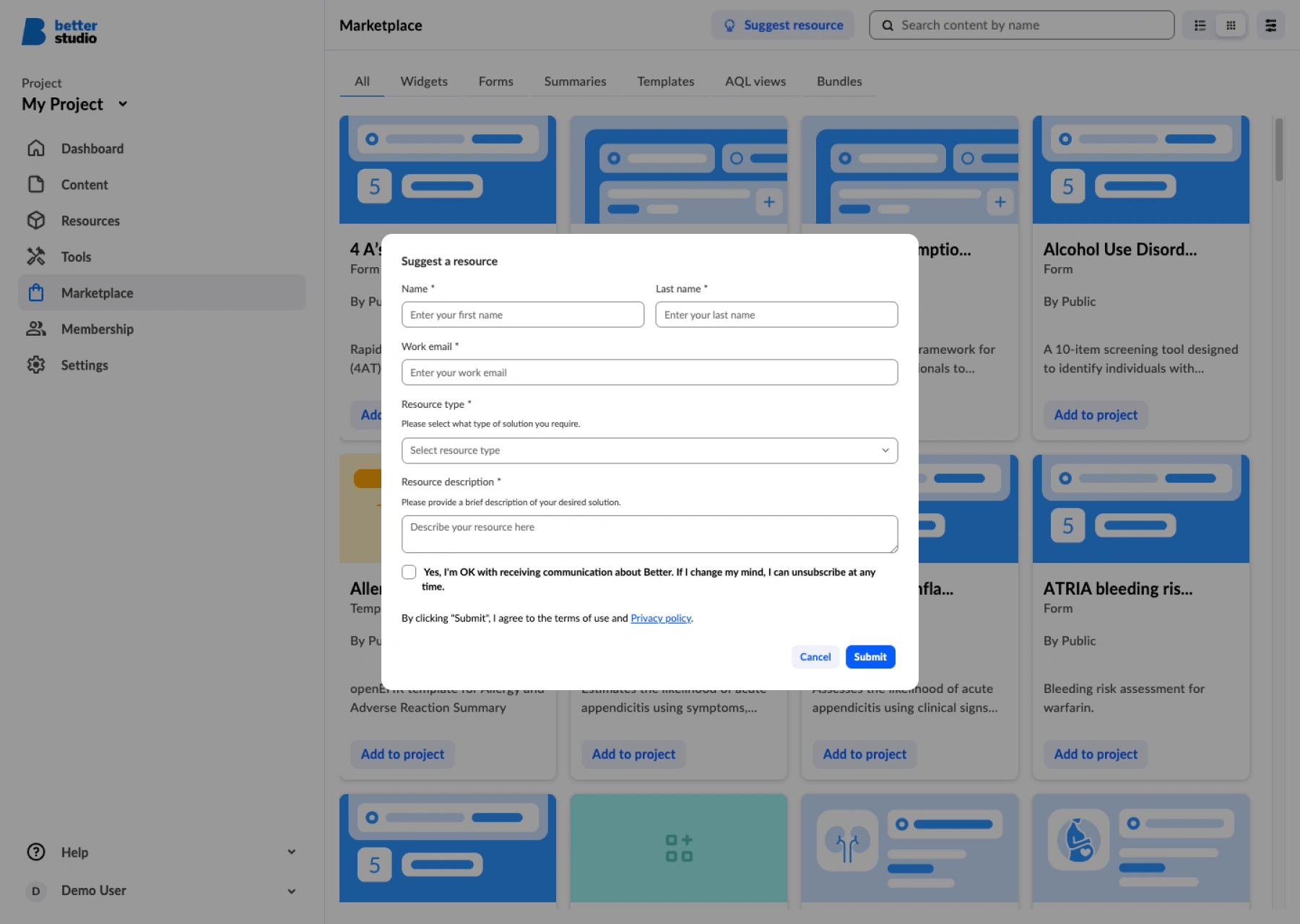 Marketplace suggest resource