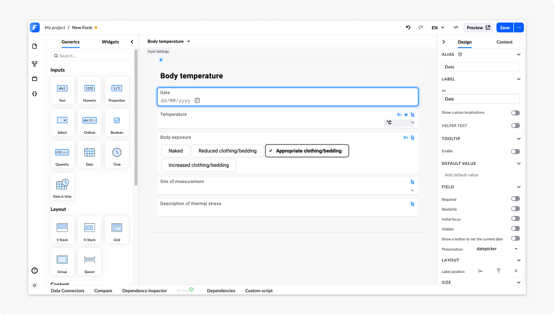 Design panel for an input field component