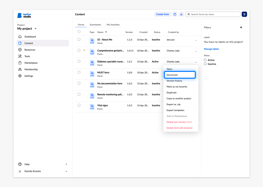 image: Screenshot of the form deactivation in Studio