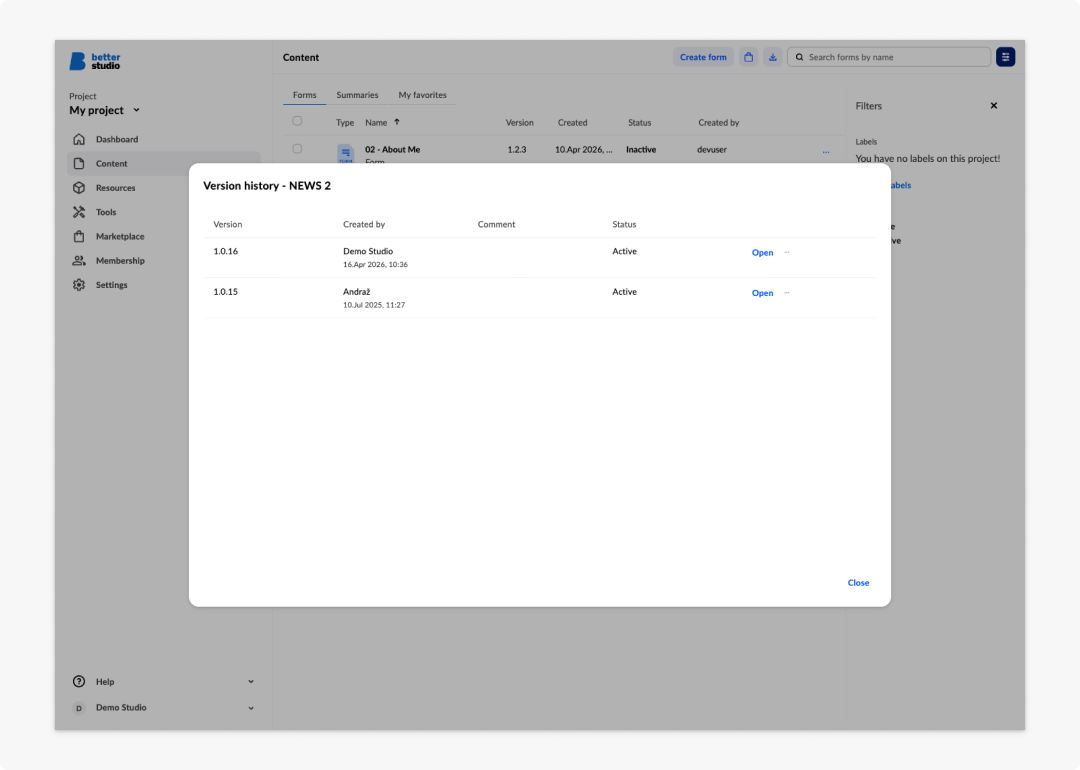 Version history modal