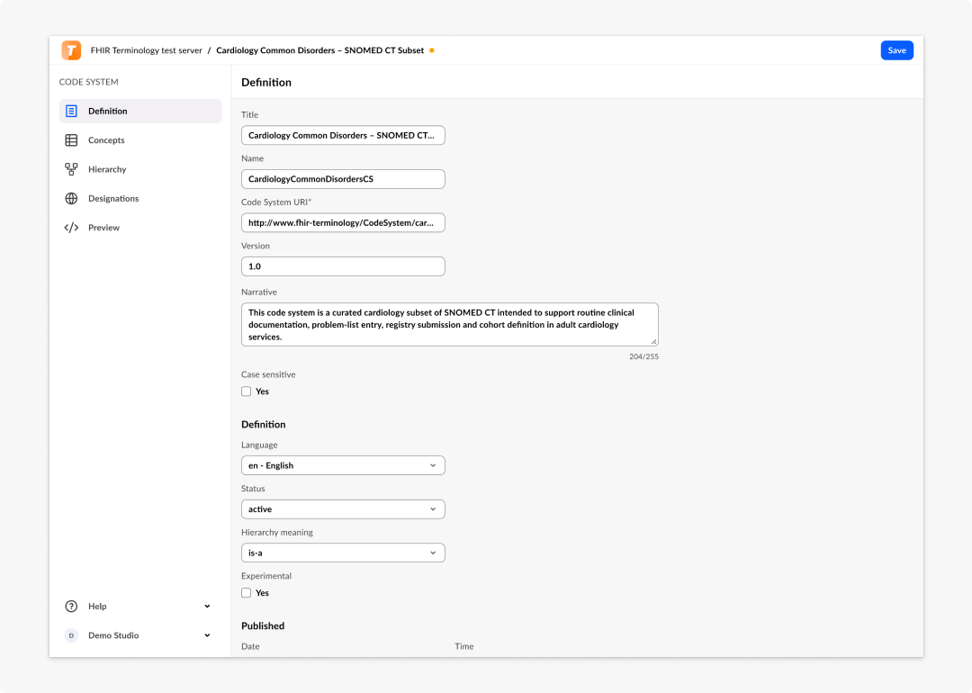 Code System definition page