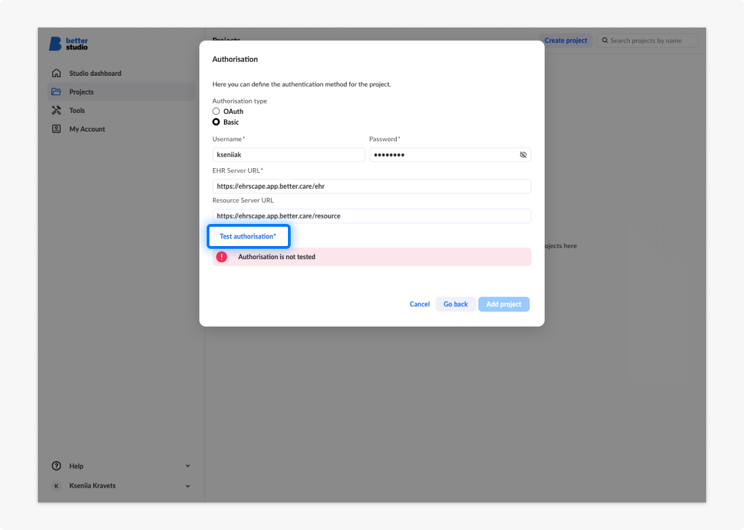 Test project authorisation