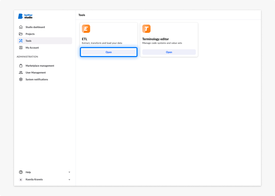 Open button for ETL
