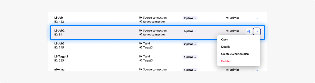 image ETL tool - 19: Job highlighted with actions menu