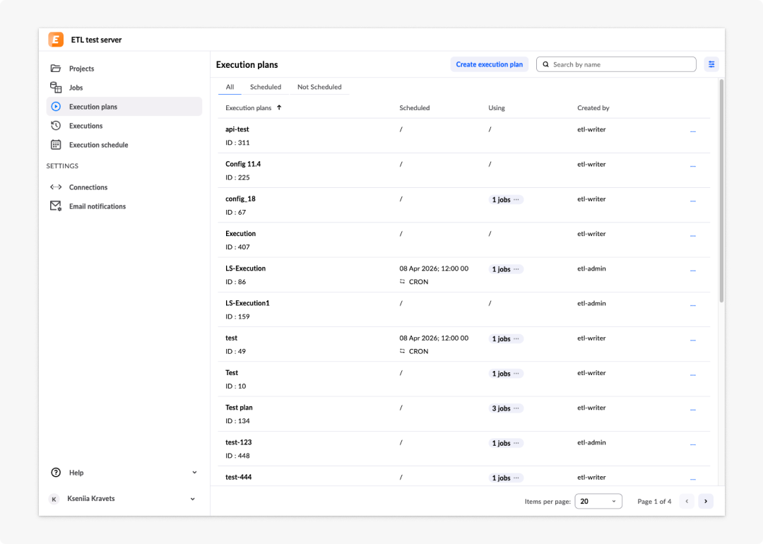 image ETL tool - 22: Execution plans page with highlighted Create execution plan button