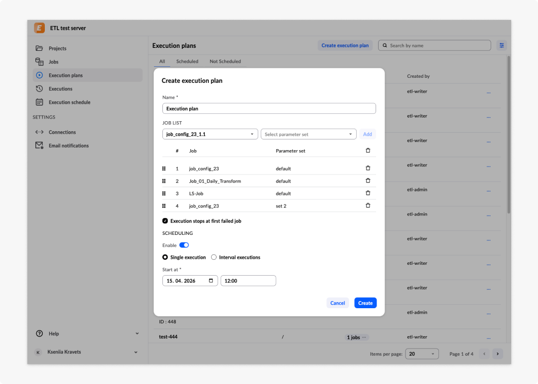 image ETL tool - 24: Create execution plan dialogue — Scheduled single execution