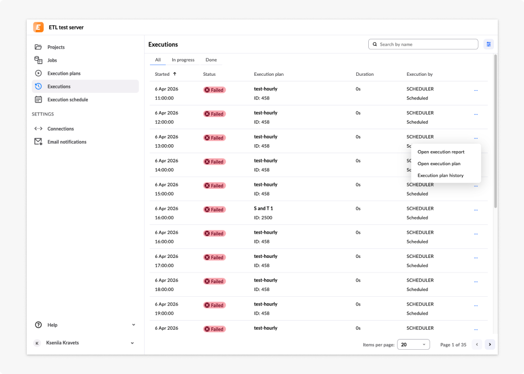 image ETL tool - 28: Execution highlighted with actions menu