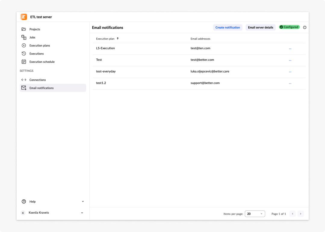 image ETL tool - 32: Email notifications page