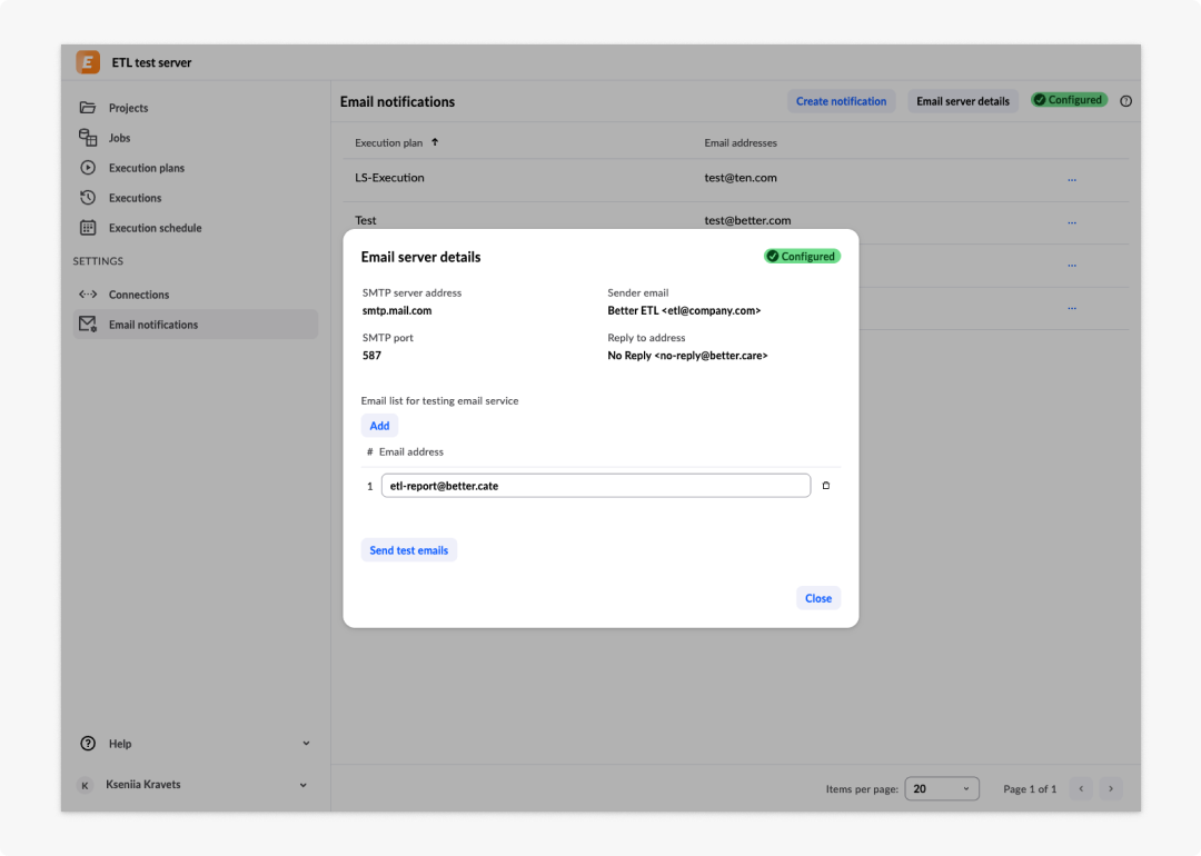 image ETL tool - 33: Email server details dialogue