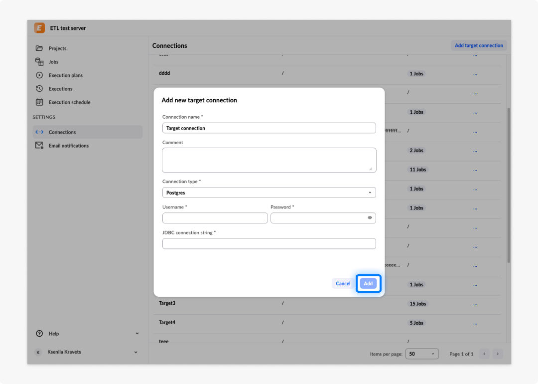image ETL tool - 7: target connection dialogue