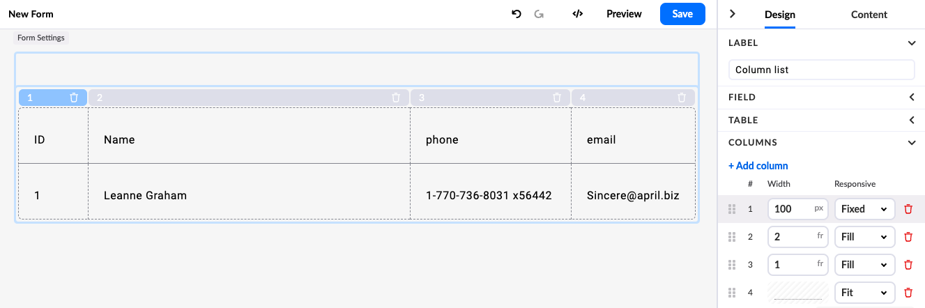Column list width examples