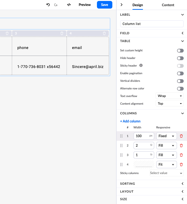 Column list settings panel