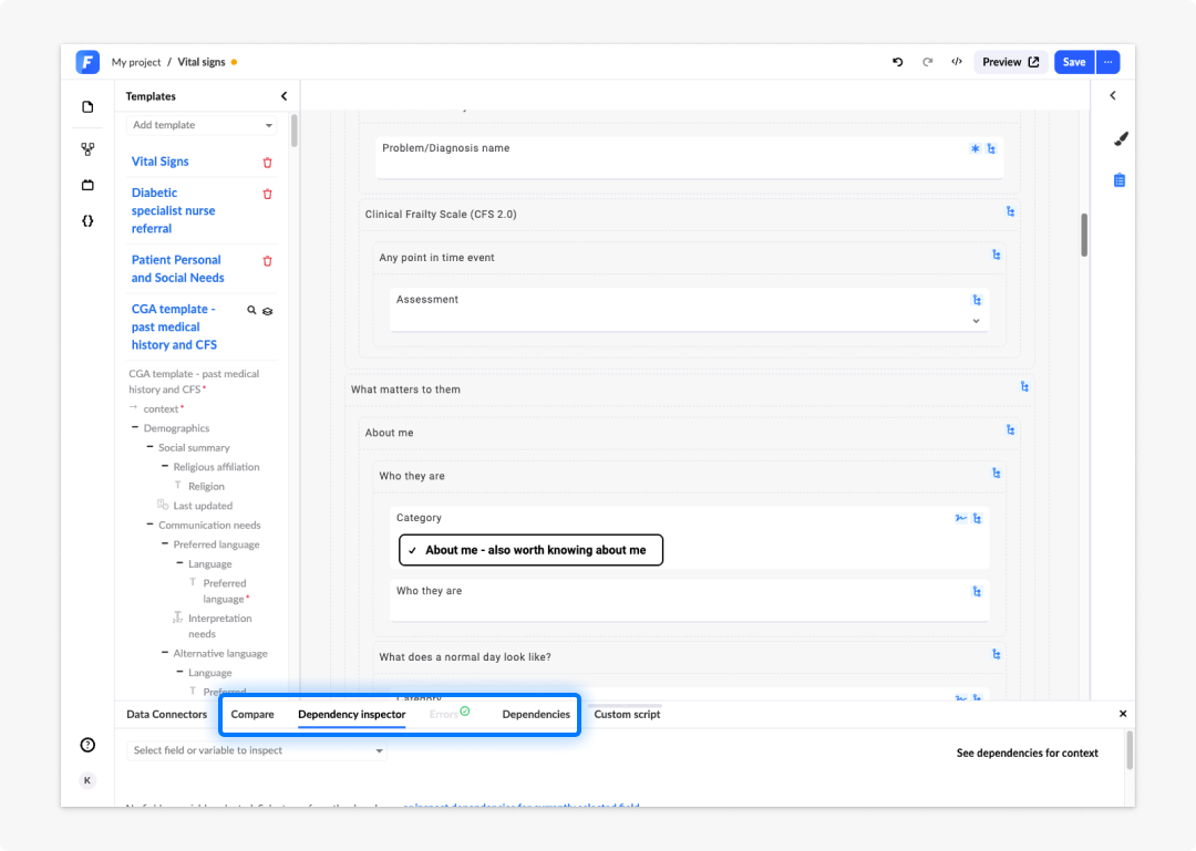 Dependencies, Dependency Inspector, and Compare tabs