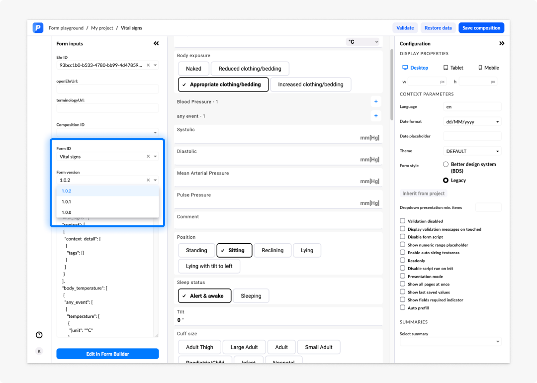 Screenshot of Form playground form version selector visible