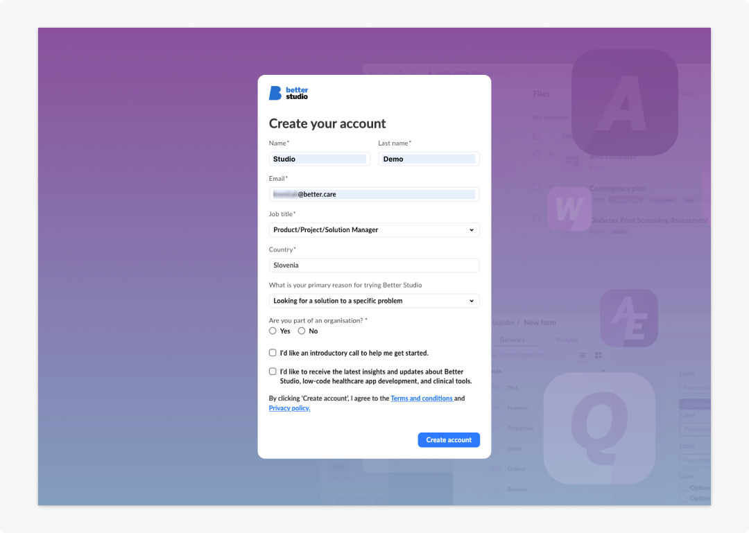 Studio self-registration form