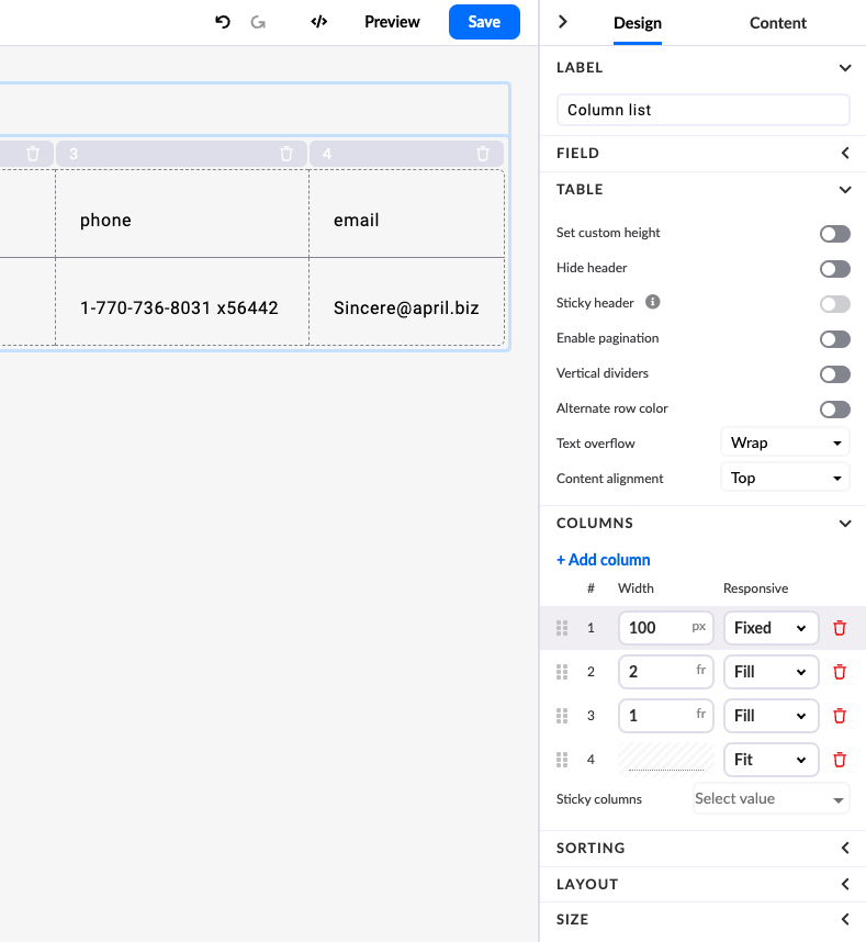 Container list table settings