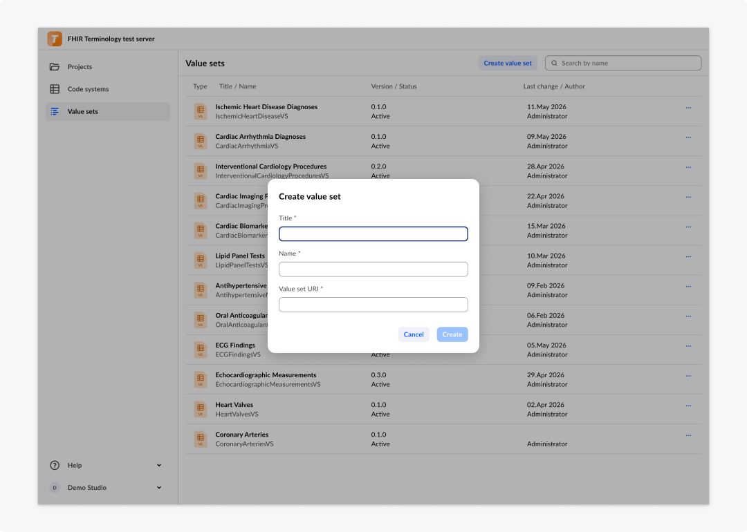 Create new Value Set dialog