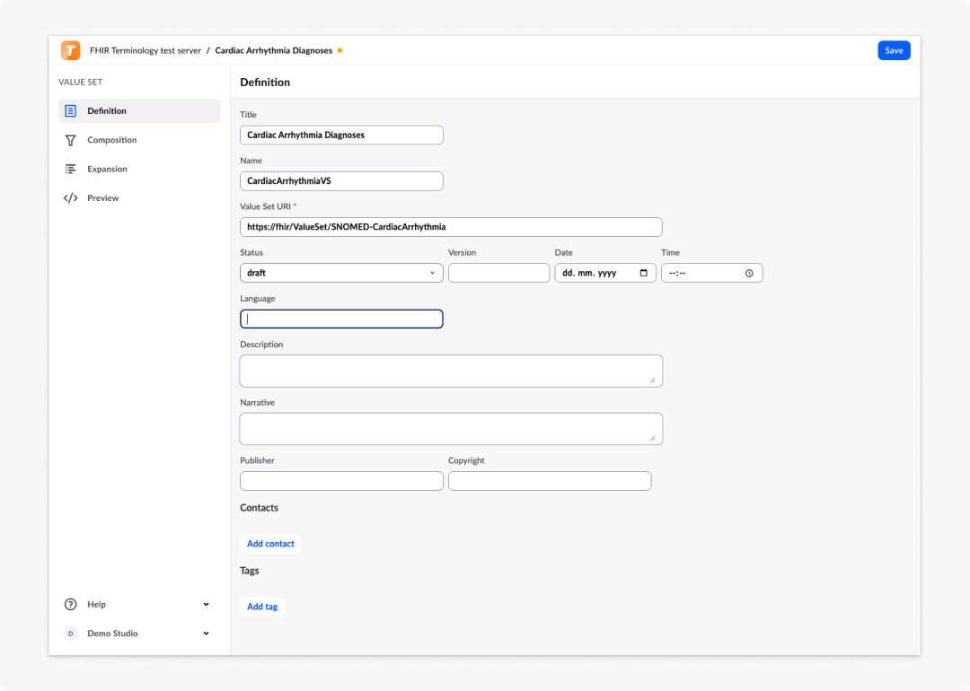 Value Set definition page