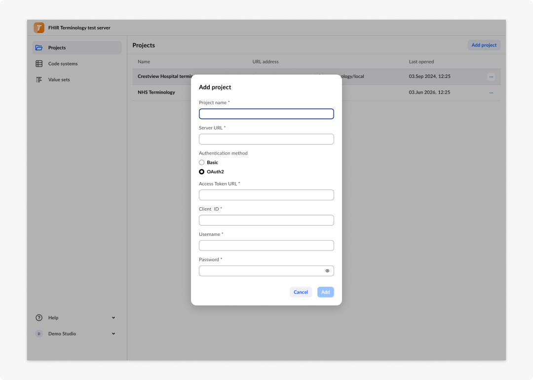 Add project dialog