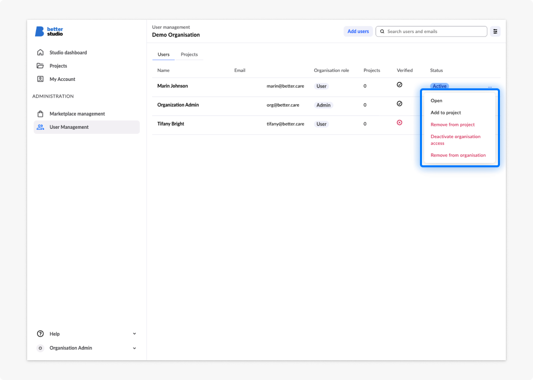 User management user actions