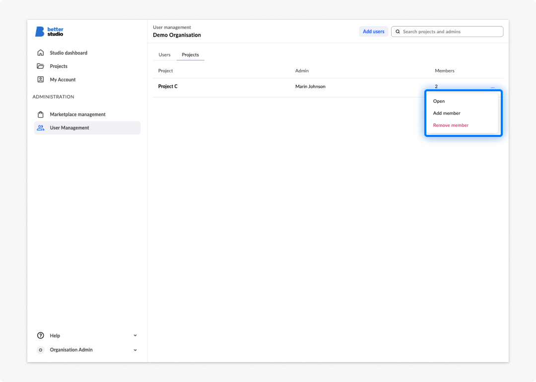 User management project actions