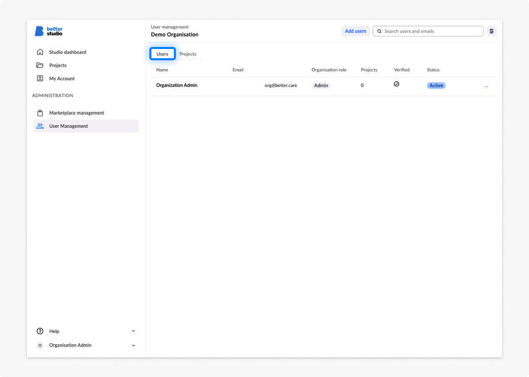 User management Users tab